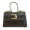 Elegant Midnight Croc-Textured Top Handle Satchel with Statement Buckle