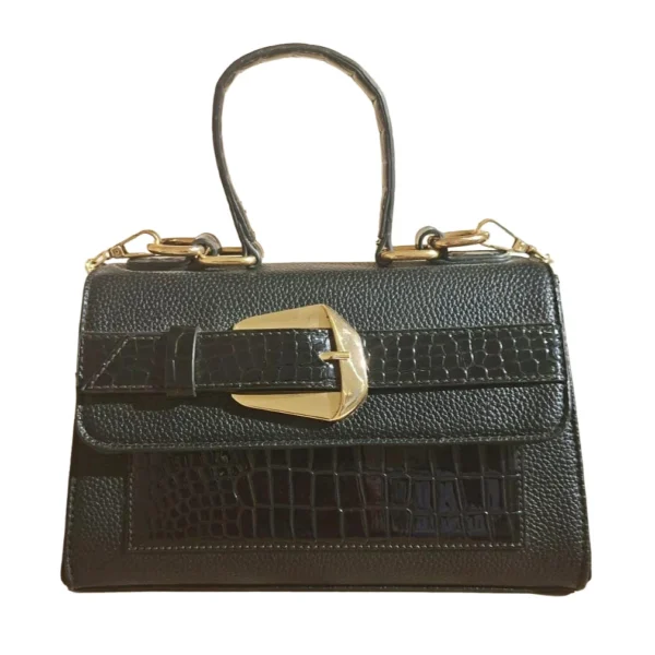 Elegant Midnight Croc-Textured Top Handle Satchel with Statement Buckle