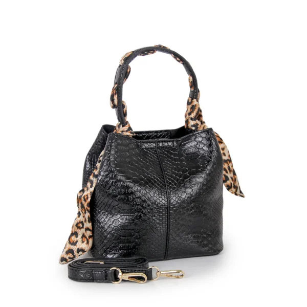 TK-SP27-s_Black_btdtbx.webp Elegant Black Snakeskin Bucket Bag with Leopard Print Scarf Handle