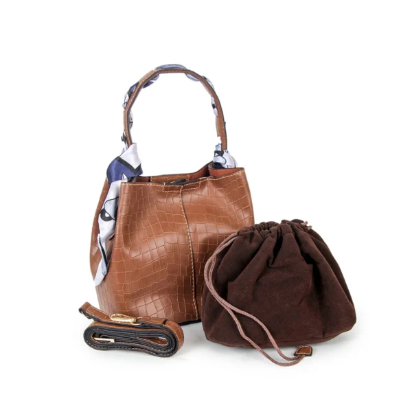 Chic Brown Croc-Embossed Bucket Bag with Scarf Handle & Inner Pouch