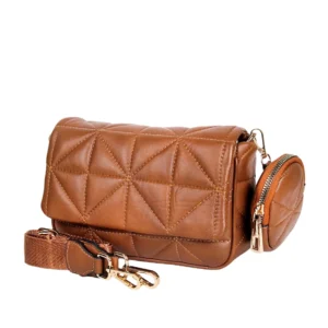 Quilted Genuine Leather Crossbody Bag - Cognac Brown
